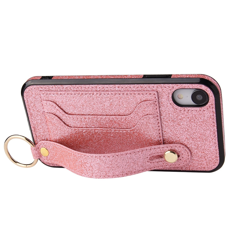 For iPhone XR Glitter Powder PU+TPU Shockproof Protective Case with Holder & Card Slots & Wrist Strap