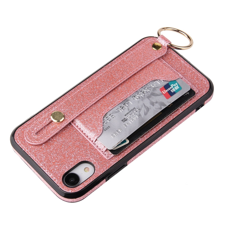 For iPhone XR Glitter Powder PU+TPU Shockproof Protective Case with Holder & Card Slots & Wrist Strap