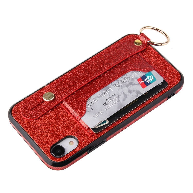 For iPhone XR Glitter Powder PU+TPU Shockproof Protective Case with Holder & Card Slots & Wrist Strap