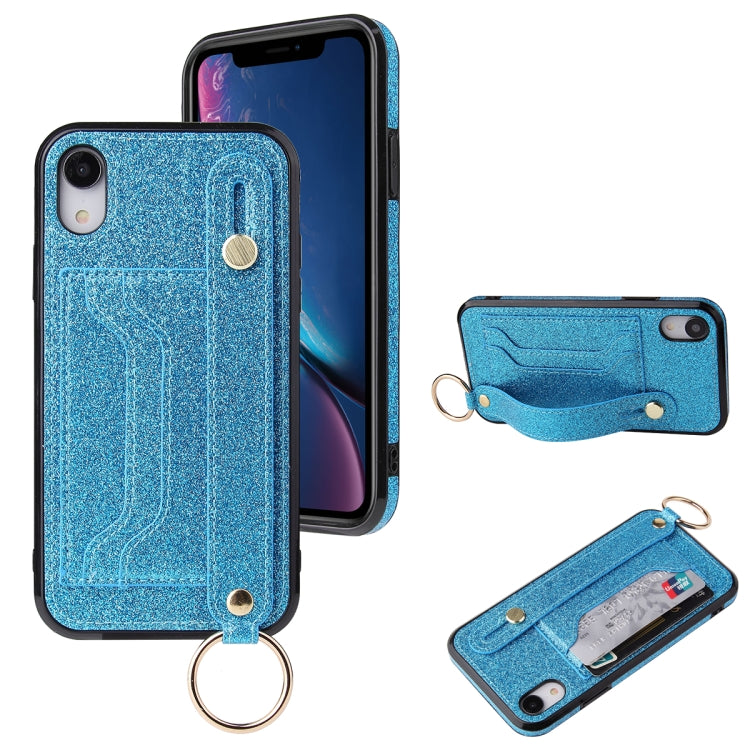 For iPhone XR Glitter Powder PU+TPU Shockproof Protective Case with Holder & Card Slots & Wrist Strap