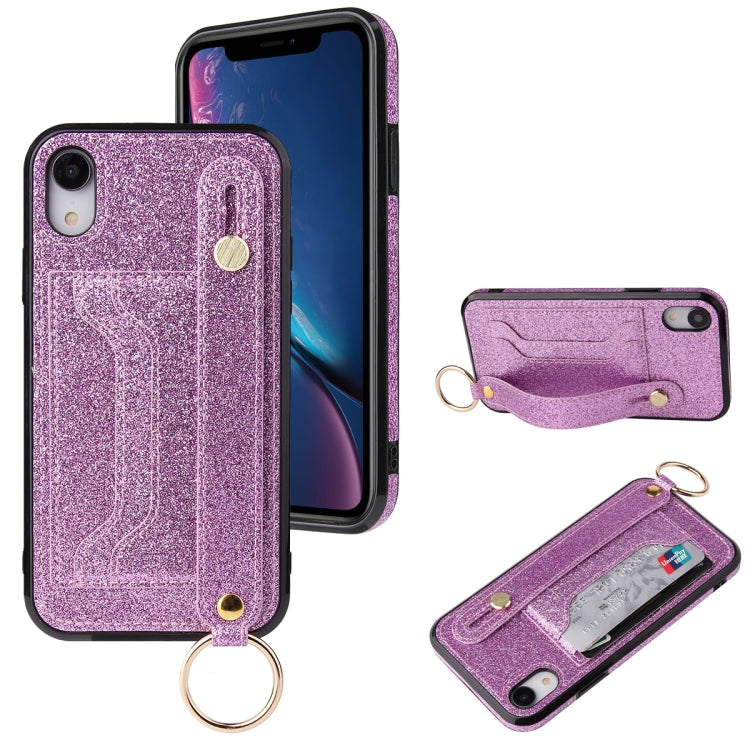 For iPhone XR Glitter Powder PU+TPU Shockproof Protective Case with Holder & Card Slots & Wrist Strap