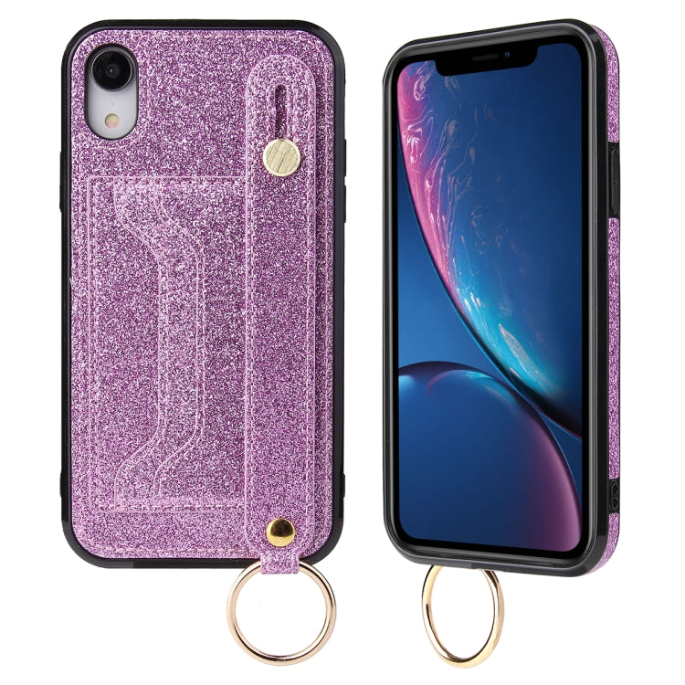 For iPhone XR Glitter Powder PU+TPU Shockproof Protective Case with Holder & Card Slots & Wrist Strap