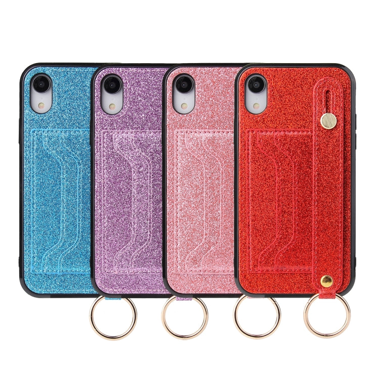 For iPhone XR Glitter Powder PU+TPU Shockproof Protective Case with Holder & Card Slots & Wrist Strap