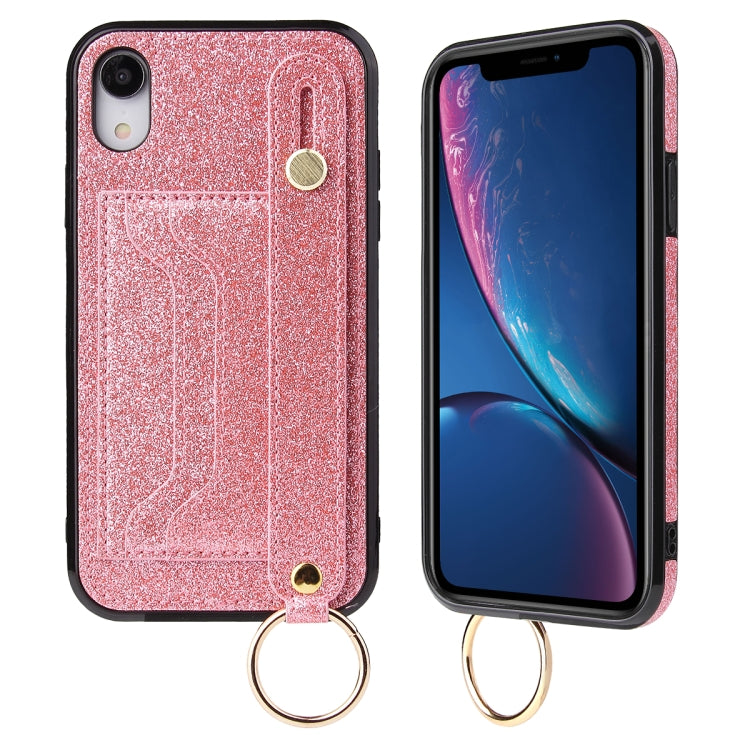 For iPhone X / XS Glitter Powder PU+TPU Shockproof Protective Case with Holder & Card Slots & Wrist Strap