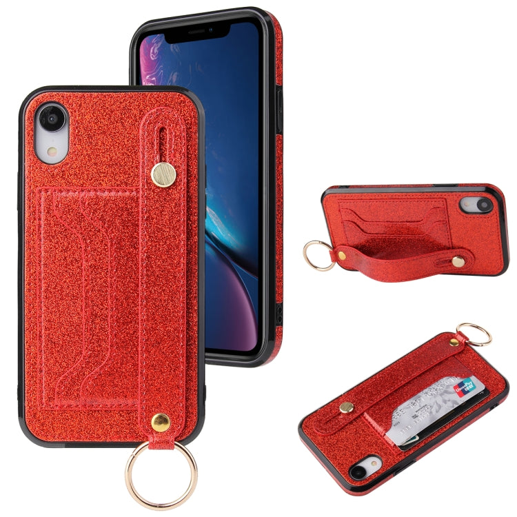 For iPhone X / XS Glitter Powder PU+TPU Shockproof Protective Case with Holder & Card Slots & Wrist Strap