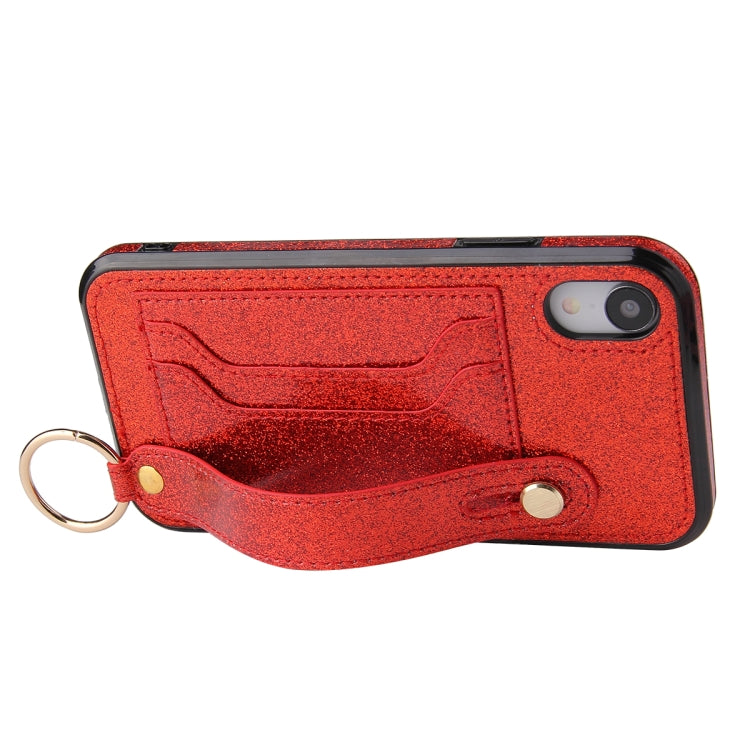 For iPhone X / XS Glitter Powder PU+TPU Shockproof Protective Case with Holder & Card Slots & Wrist Strap