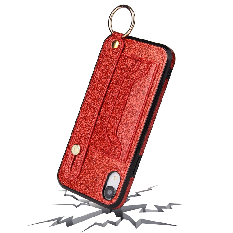 For iPhone X / XS Glitter Powder PU+TPU Shockproof Protective Case with Holder & Card Slots & Wrist Strap