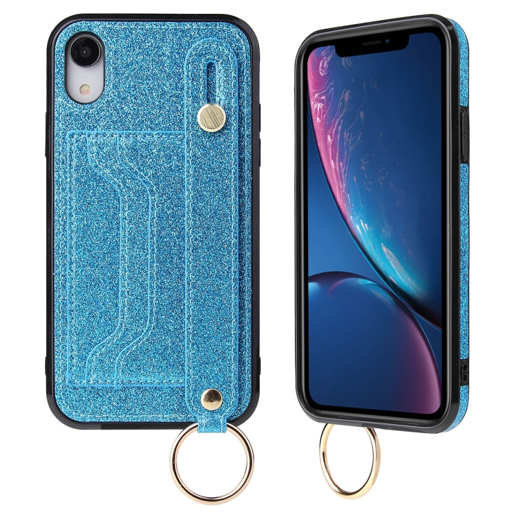 For iPhone X / XS Glitter Powder PU+TPU Shockproof Protective Case with Holder & Card Slots & Wrist Strap