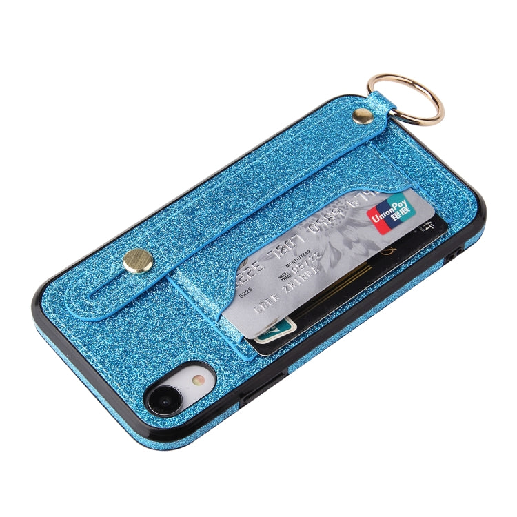 For iPhone X / XS Glitter Powder PU+TPU Shockproof Protective Case with Holder & Card Slots & Wrist Strap