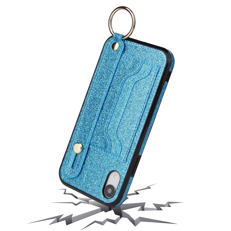For iPhone X / XS Glitter Powder PU+TPU Shockproof Protective Case with Holder & Card Slots & Wrist Strap