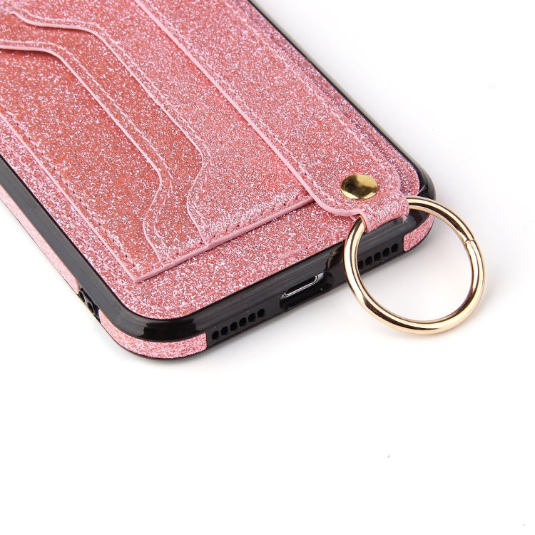 For iPhone X / XS Glitter Powder PU+TPU Shockproof Protective Case with Holder & Card Slots & Wrist Strap