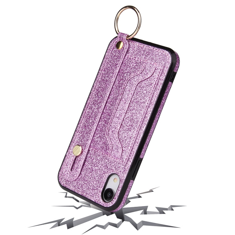 For iPhone X / XS Glitter Powder PU+TPU Shockproof Protective Case with Holder & Card Slots & Wrist Strap