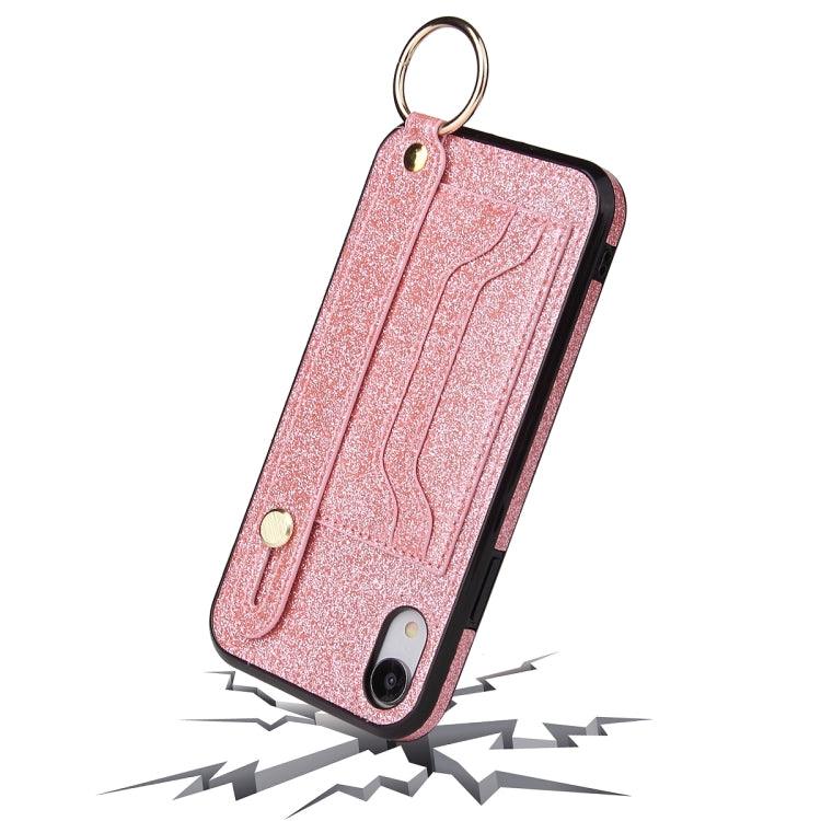 For iPhone XS Max Glitter Powder PU+TPU Shockproof Protective Case with Holder & Card Slots & Wrist Strap