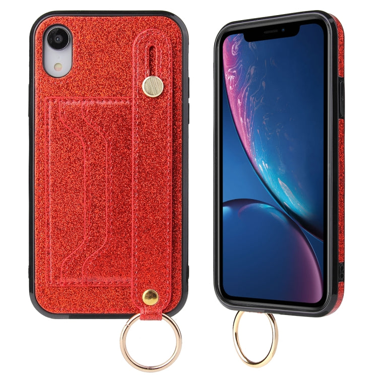 For iPhone XS Max Glitter Powder PU+TPU Shockproof Protective Case with Holder & Card Slots & Wrist Strap