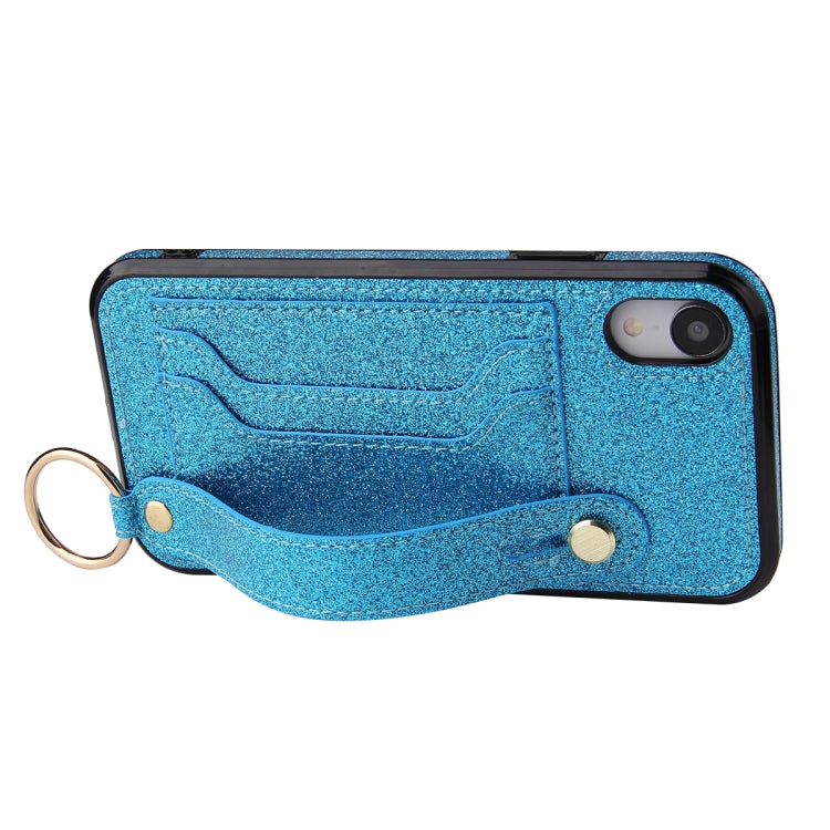 For iPhone XS Max Glitter Powder PU+TPU Shockproof Protective Case with Holder & Card Slots & Wrist Strap