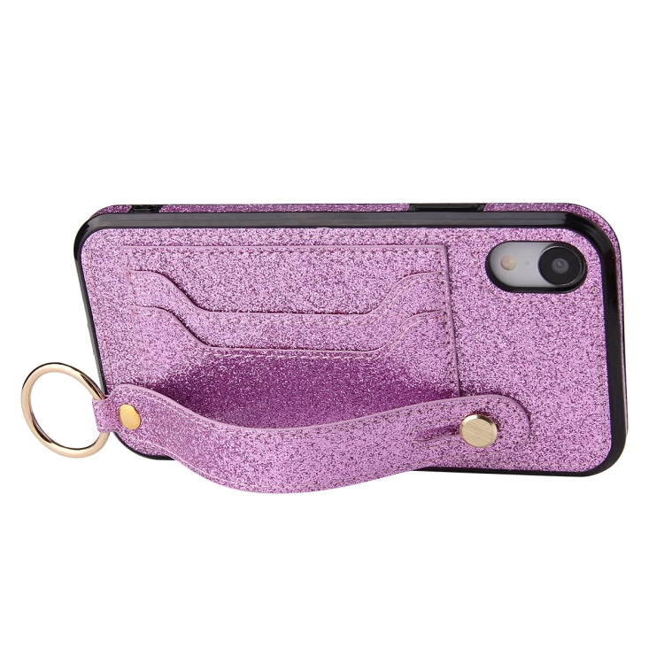 For iPhone XS Max Glitter Powder PU+TPU Shockproof Protective Case with Holder & Card Slots & Wrist Strap