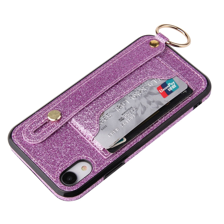 For iPhone XS Max Glitter Powder PU+TPU Shockproof Protective Case with Holder & Card Slots & Wrist Strap