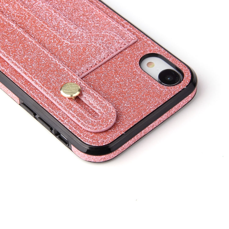 For iPhone XS Max Glitter Powder PU+TPU Shockproof Protective Case with Holder & Card Slots & Wrist Strap