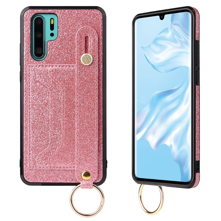 For Huawei P30 Glitter Powder PU+TPU Shockproof Protective Case with Holder & Card Slots & Wrist Strap