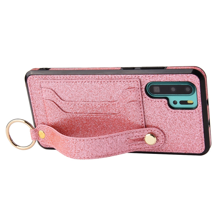 For Huawei P30 Glitter Powder PU+TPU Shockproof Protective Case with Holder & Card Slots & Wrist Strap