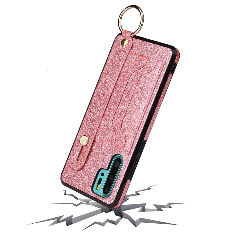 For Huawei P30 Glitter Powder PU+TPU Shockproof Protective Case with Holder & Card Slots & Wrist Strap