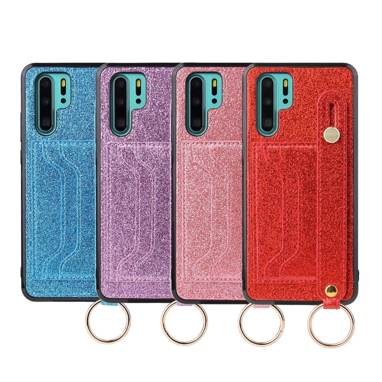 For Huawei P30 Glitter Powder PU+TPU Shockproof Protective Case with Holder & Card Slots & Wrist Strap