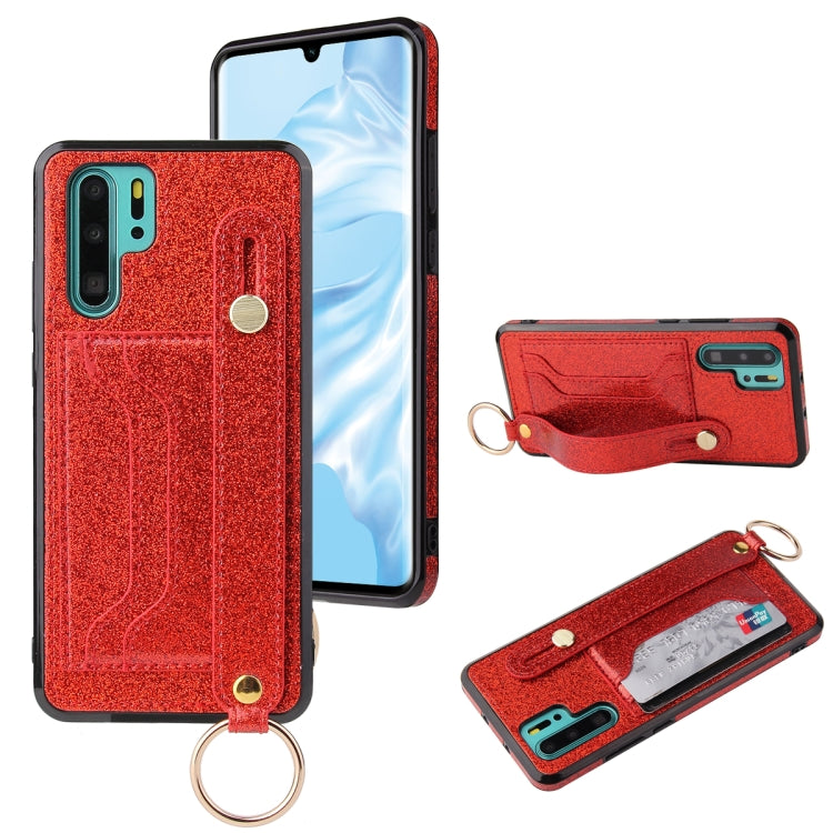 For Huawei P30 Glitter Powder PU+TPU Shockproof Protective Case with Holder & Card Slots & Wrist Strap
