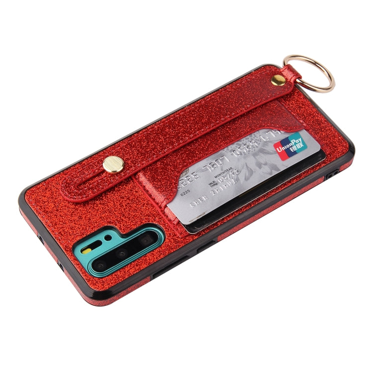 For Huawei P30 Glitter Powder PU+TPU Shockproof Protective Case with Holder & Card Slots & Wrist Strap