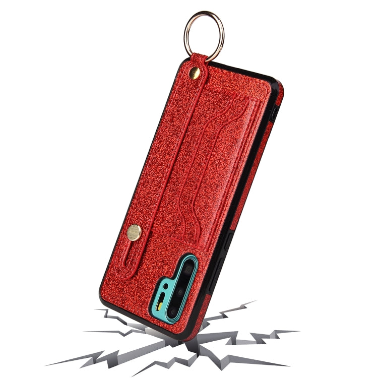 For Huawei P30 Glitter Powder PU+TPU Shockproof Protective Case with Holder & Card Slots & Wrist Strap
