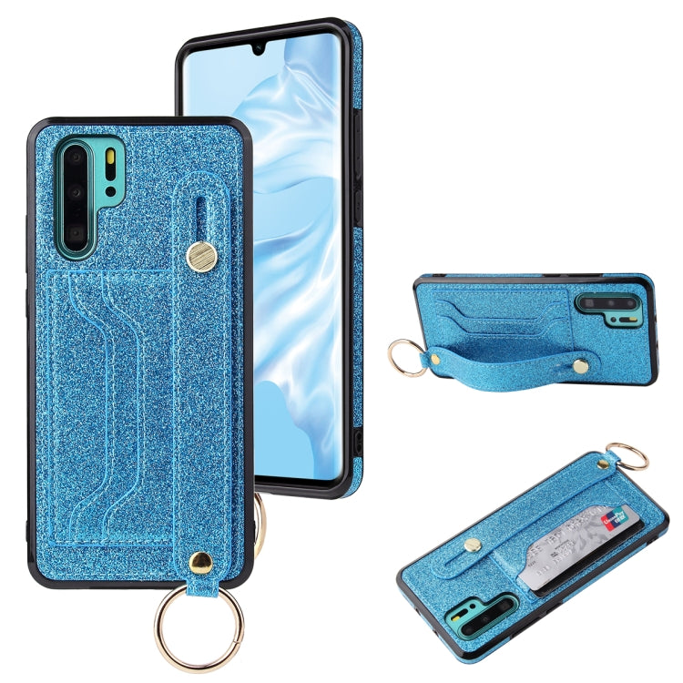 For Huawei P30 Glitter Powder PU+TPU Shockproof Protective Case with Holder & Card Slots & Wrist Strap