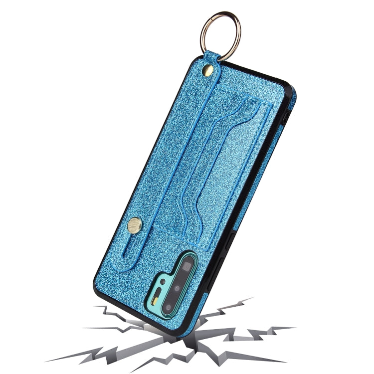 For Huawei P30 Glitter Powder PU+TPU Shockproof Protective Case with Holder & Card Slots & Wrist Strap