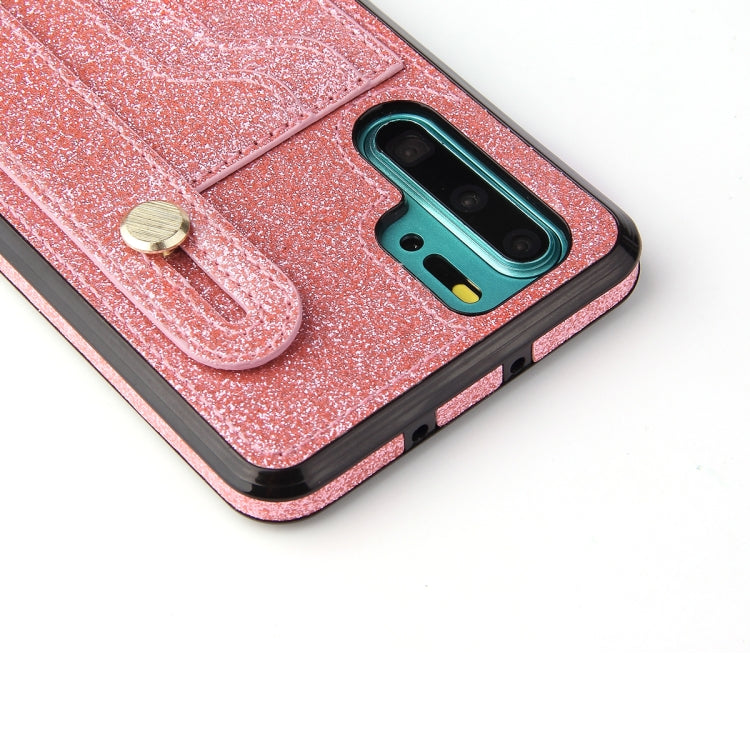 For Huawei P30 Glitter Powder PU+TPU Shockproof Protective Case with Holder & Card Slots & Wrist Strap