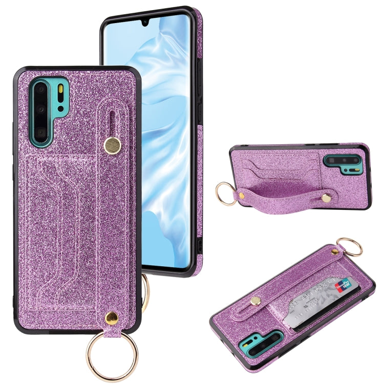 For Huawei P30 Glitter Powder PU+TPU Shockproof Protective Case with Holder & Card Slots & Wrist Strap