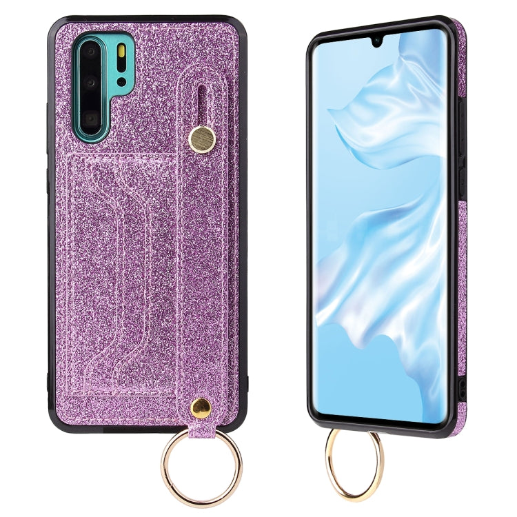 For Huawei P30 Glitter Powder PU+TPU Shockproof Protective Case with Holder & Card Slots & Wrist Strap