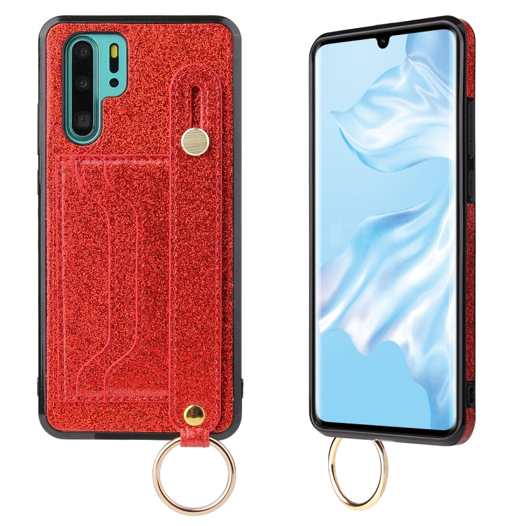 For Huawei P30 Pro Glitter Powder PU+TPU Shockproof Protective Case with Holder & Card Slots & Wrist Strap