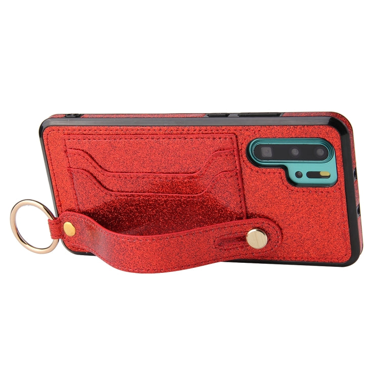 For Huawei P30 Pro Glitter Powder PU+TPU Shockproof Protective Case with Holder & Card Slots & Wrist Strap