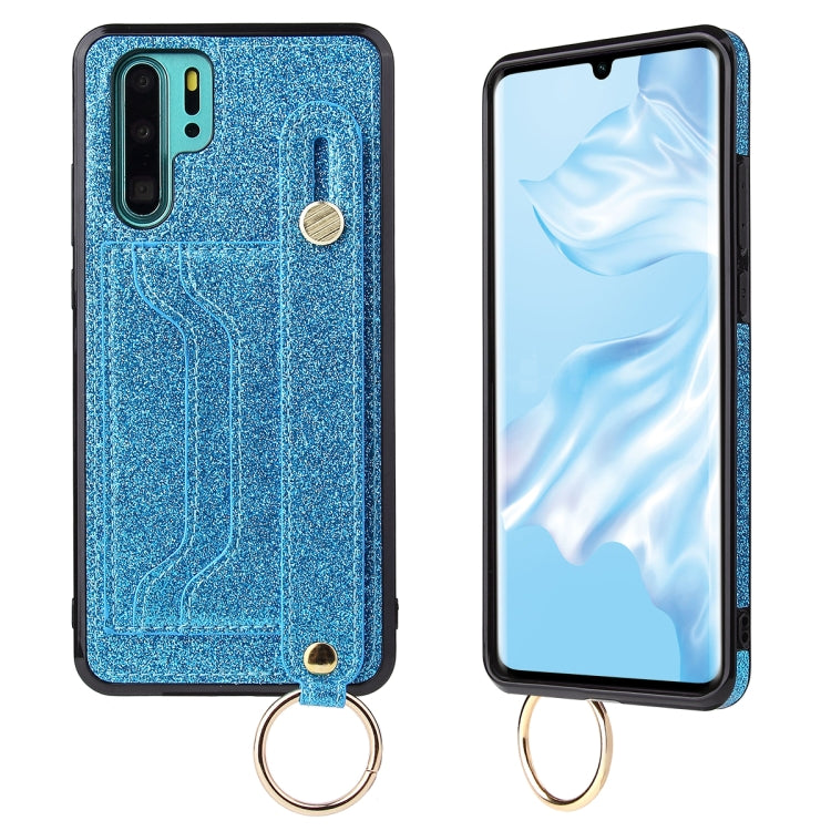 For Huawei P30 Pro Glitter Powder PU+TPU Shockproof Protective Case with Holder & Card Slots & Wrist Strap