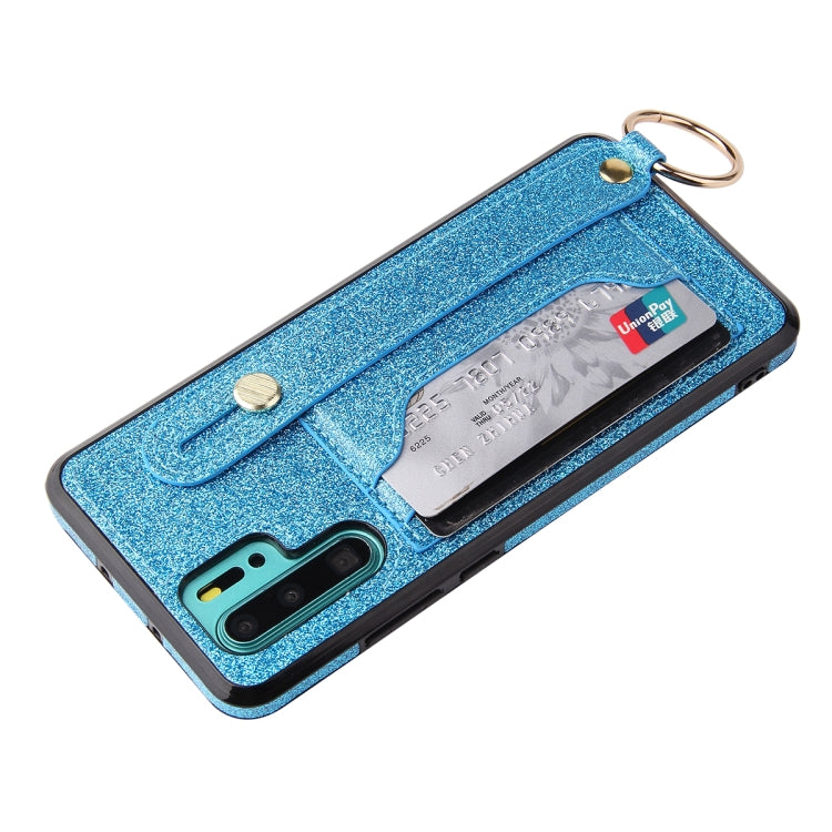 For Huawei P30 Pro Glitter Powder PU+TPU Shockproof Protective Case with Holder & Card Slots & Wrist Strap