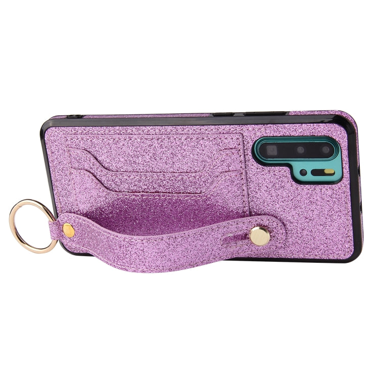 For Huawei P30 Pro Glitter Powder PU+TPU Shockproof Protective Case with Holder & Card Slots & Wrist Strap