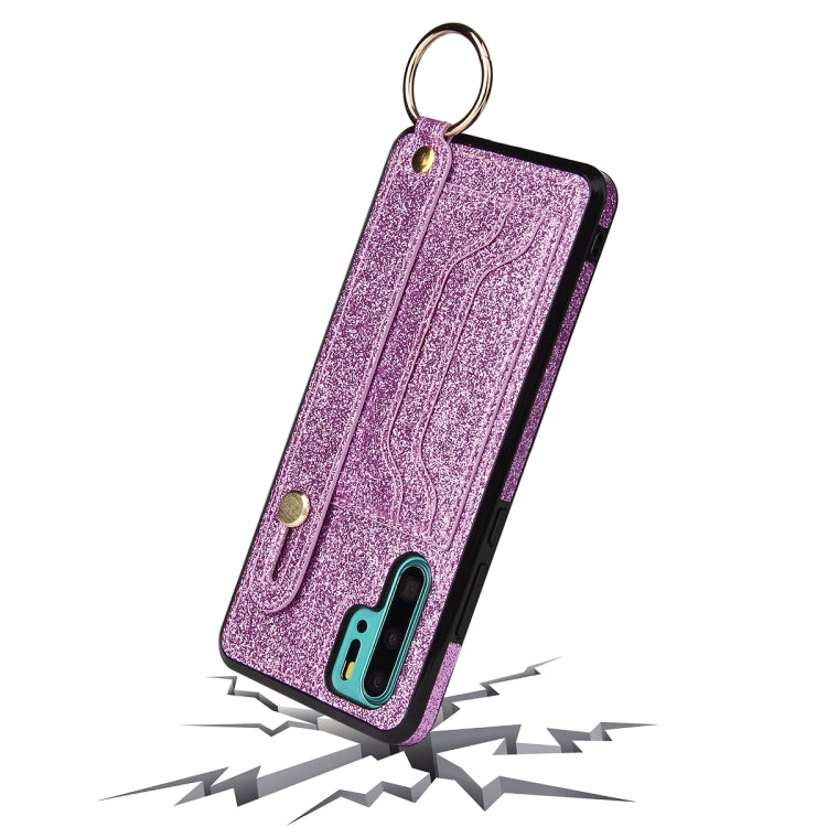 For Huawei P30 Pro Glitter Powder PU+TPU Shockproof Protective Case with Holder & Card Slots & Wrist Strap