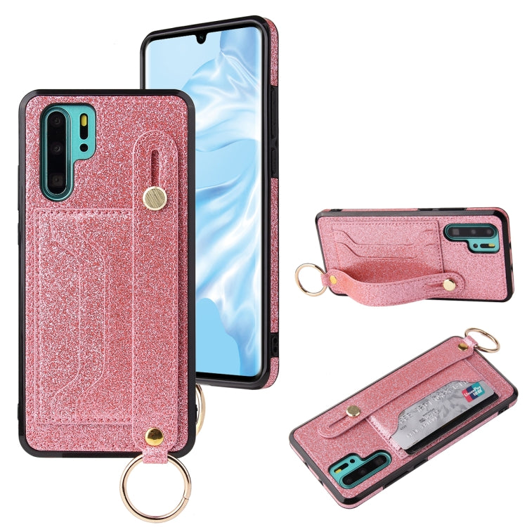 For Huawei P30 Lite Glitter Powder PU+TPU Shockproof Protective Case with Holder & Card Slots & Wrist Strap
