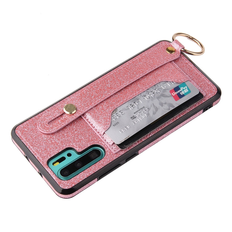For Huawei P30 Lite Glitter Powder PU+TPU Shockproof Protective Case with Holder & Card Slots & Wrist Strap