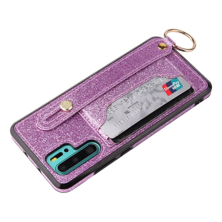 For Huawei P30 Lite Glitter Powder PU+TPU Shockproof Protective Case with Holder & Card Slots & Wrist Strap