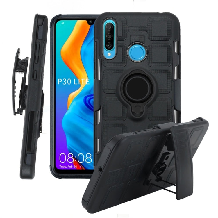 For Huawei P30 Lite 3 In 1 Cube PC + TPU Protective Case with 360 Degrees Rotate Black Ring Holder