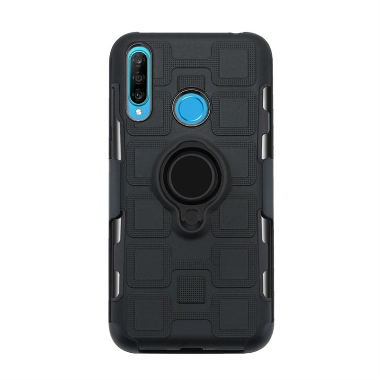 For Huawei P30 Lite 3 In 1 Cube PC + TPU Protective Case with 360 Degrees Rotate Black Ring Holder