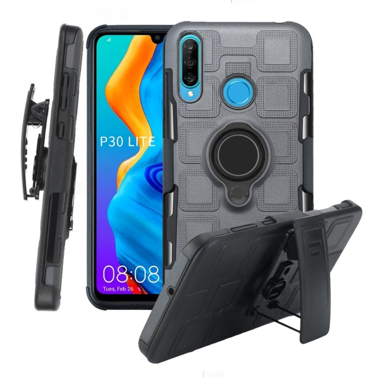 For Huawei P30 Lite 3 In 1 Cube PC + TPU Protective Case with 360 Degrees Rotate Black Ring Holder