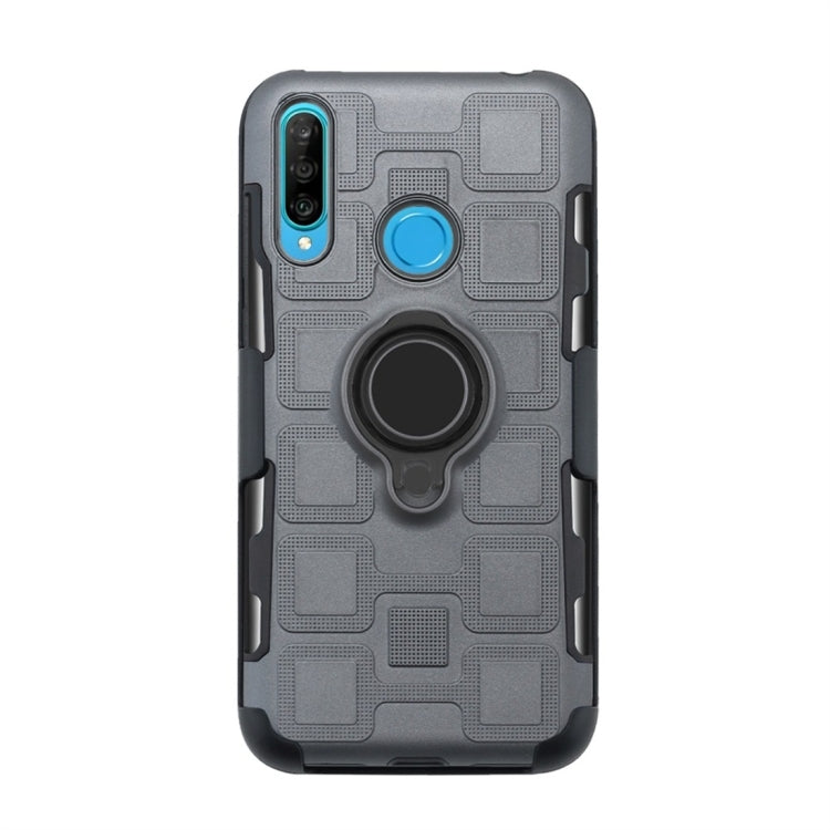 For Huawei P30 Lite 3 In 1 Cube PC + TPU Protective Case with 360 Degrees Rotate Black Ring Holder