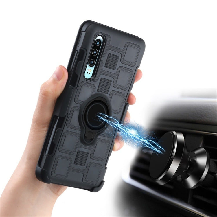 For Huawei P30 3 In 1 Cube PC + TPU Protective Case with 360 Degrees Rotate Black Ring Holder