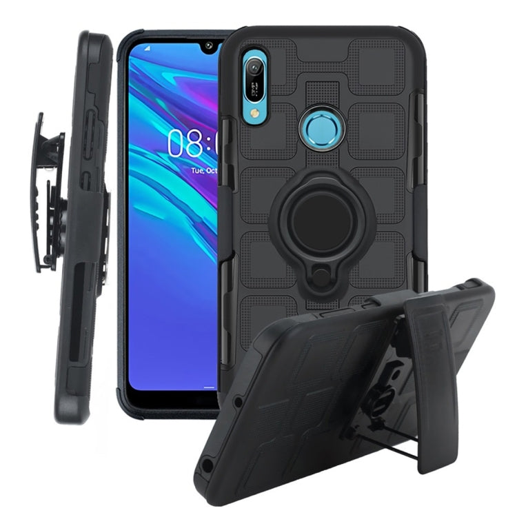 For Huawei Y6 (2019) 3 In 1 Cube PC + TPU Protective Case with 360 Degrees Rotate Black Ring Holder