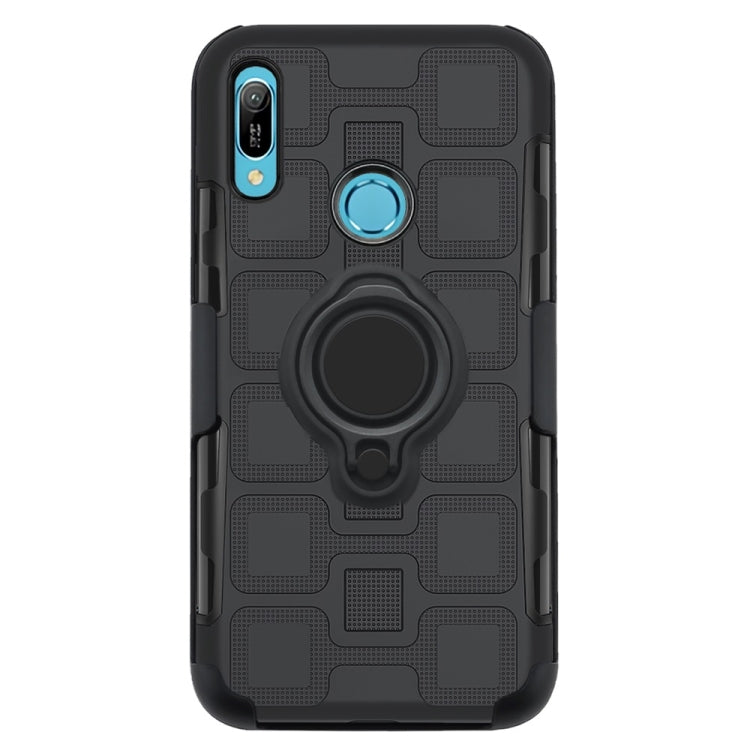For Huawei Y6 (2019) 3 In 1 Cube PC + TPU Protective Case with 360 Degrees Rotate Black Ring Holder